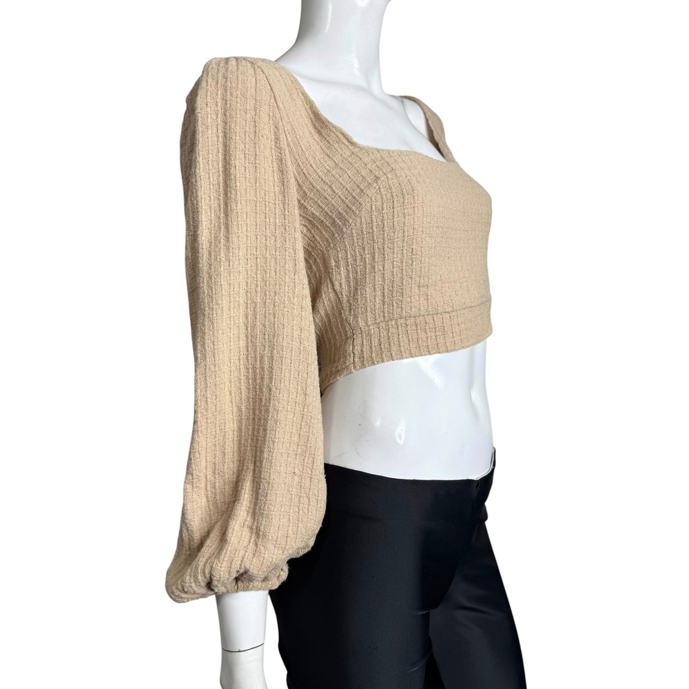 Beige Square Neck Open Back Tie Crop Top Balloon Sleeve Textured Size Small - Picture 4 of 6